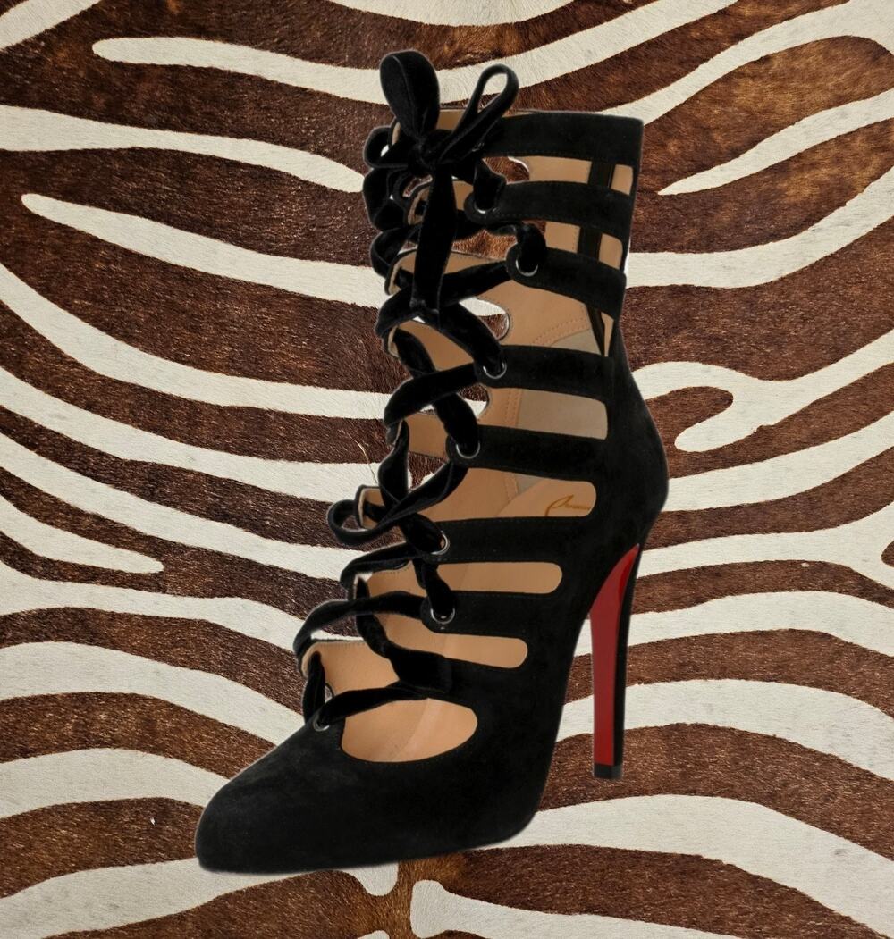 Christian Louboutin Spinetita Velvet Cage Lace-Up Suede Leather Booties Heels